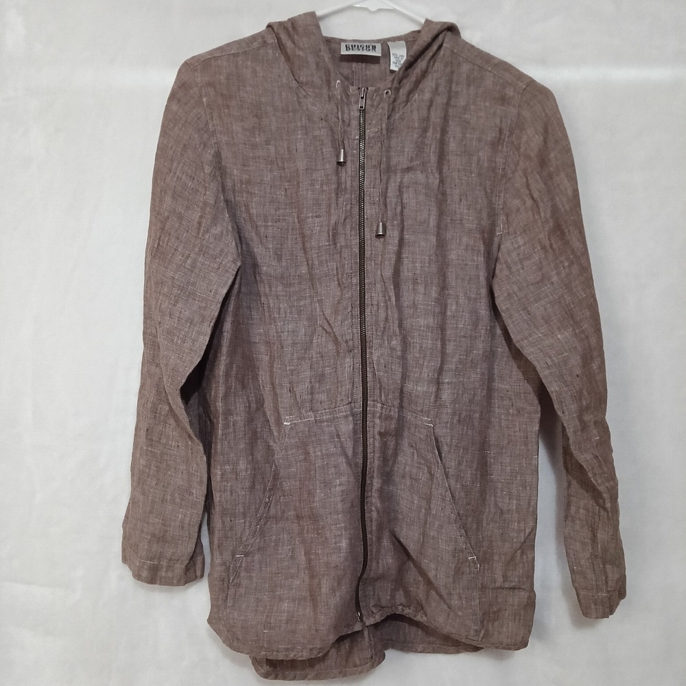 Chicos Design Brown 100% Linen Zip Up Hoodie Jacket Size 0 Small Pocketed Light